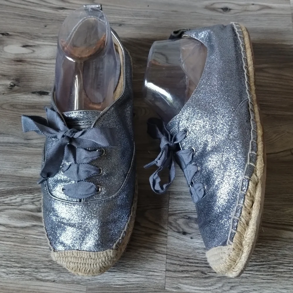 COACH Ramira Silver Glitter Lace Up Espadrilles Women's Size 8.5